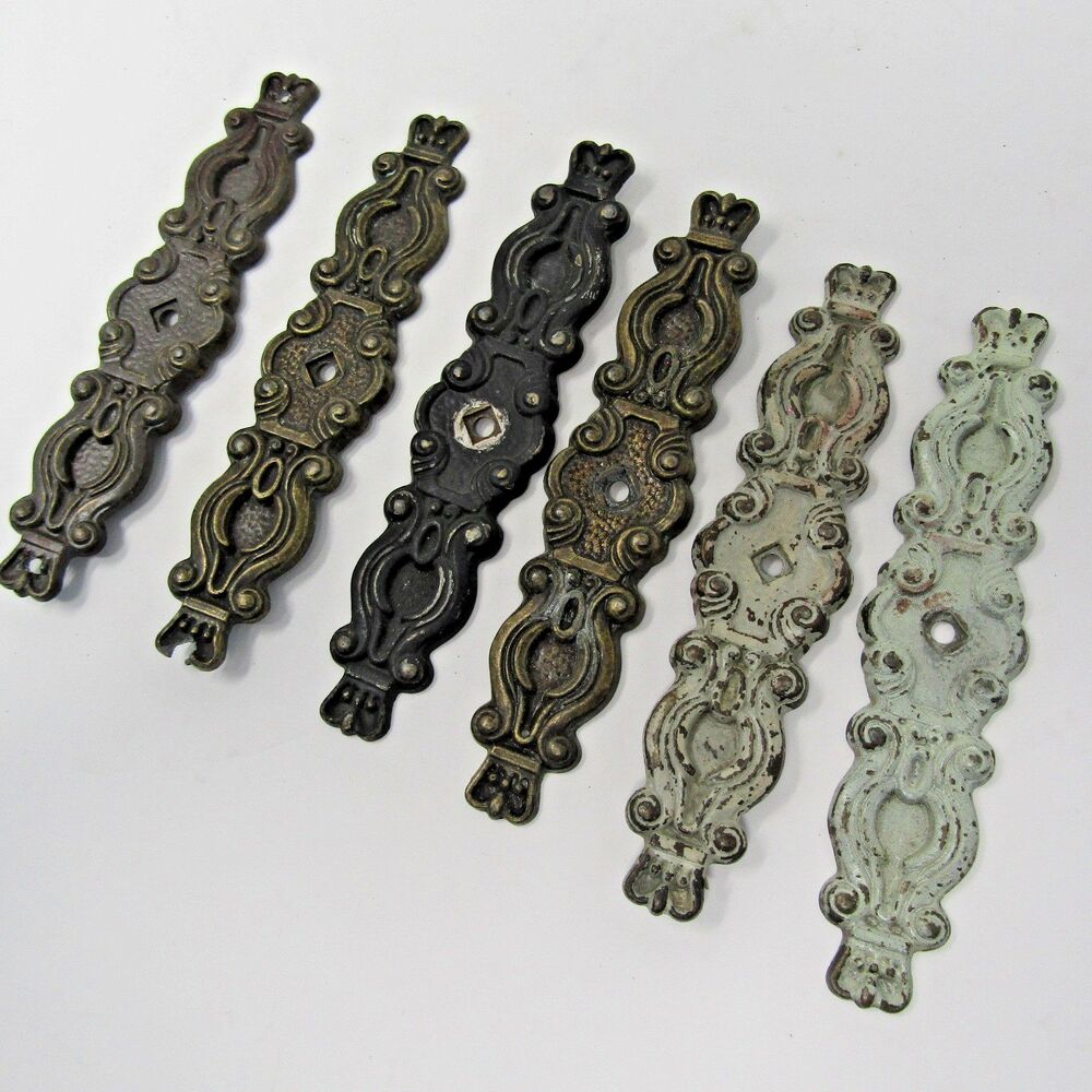 Antique Hyer Ornate Brass Backplates Lot of 6 Cabinet Door Plates 5.5" Vintage